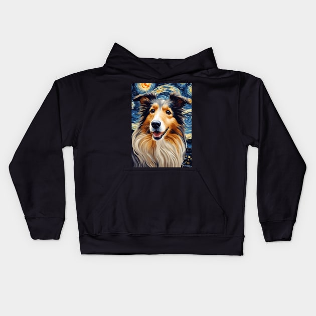 Adorable Collie Dog Breed Painting in a Van Gogh Starry Night Art Style Kids Hoodie by Art-Jiyuu